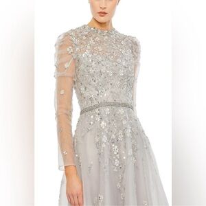 MAC DUGGAL 3D Floral Appliqué Midi Tea Dress In Silver Grey, NWT, 
$369 $800